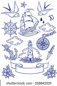 Set of vector illustrations on the theme of sea travel in tattoo style.Tattoo-art design. New traditional tattoo style. Hand-drawn vector images.Easy to edit. EPS8 file. Vintage colors.