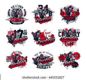 Set of vector illustrations on a theme of wild west, cowboy shooting from a revolver, bandit, criminal. Grunge effect, text, inscription. Typography, T-shirt graphics, print, banner, poster, flyer.