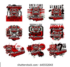 A set of vector illustrations on the theme of rescuers, fire department, a skull in a fireman's helmet, axes. Grunge effect, text, inscription. Typography, T-shirt graphics, print, banner, poster