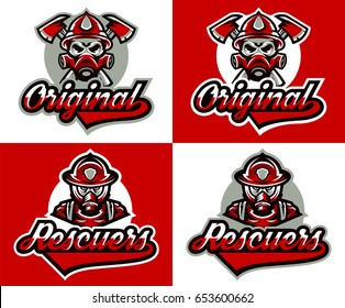 Set of vector illustrations on the theme of fire safety service. Fireman's logo, gas mask, helmet, skull, axes. Text, lettering. Typography, T-shirt graphics, print, banner, poster.