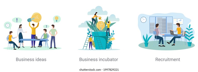 A set of vector illustrations on the topic of business.Business idea, business incubator, recruitment.Abstract illustrations.