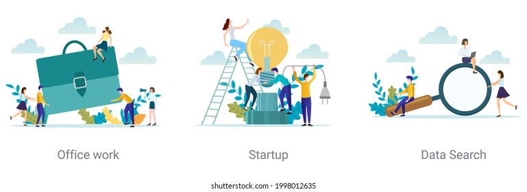 A set of vector illustrations on the topic of business.Office work, startup, data search.Abstract illustrations.