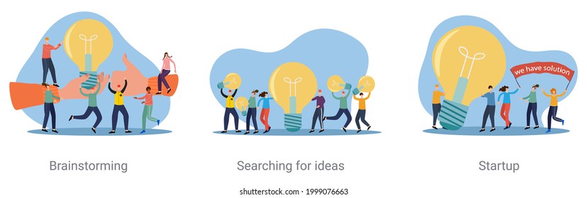 A set of vector illustrations on the topic of business.Brainstorming,search for ideas, startup.Abstract illustrations.