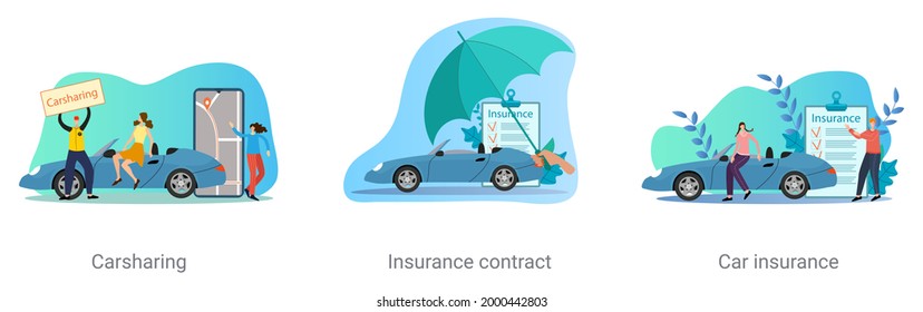 A set of vector illustrations on the topic of business.Carsharing, insurance contract,car insurance.Abstract illustrations.