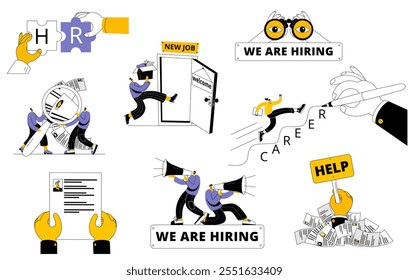 A set of vector illustrations on the topic of team building and human resource management. The HR department forms a team. Fun cartoon style.