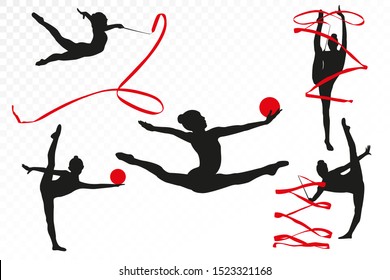 Set of vector illustrations on a transparent background. An art gymnast in black with objects, a ribbon and a ball, performs rhythmic gymnastics elements.