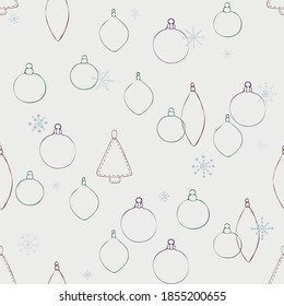 Set of vector illustrations on a white background on the theme of New Year's toys. Seamless pattern of hand drawn Christmas toys