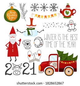 Set of vector illustrations on a winter holiday theme with Santa Claus and other Christmas characters in a cartoon trendy style.