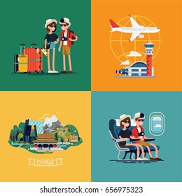 Set of vector illustrations on young travelers going to China