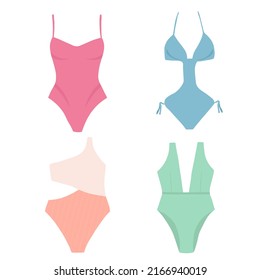 Set of vector illustrations with one-piece swimsuits, summer swimwear in pastel colors