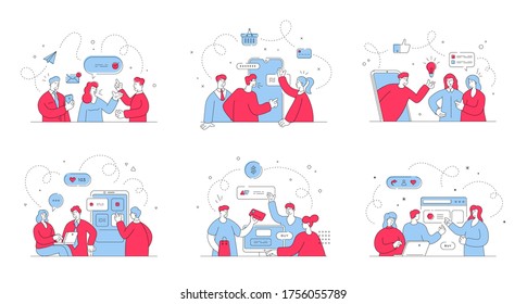 Conjunto de ilustraciones vectoriales con asistentes en línea que se comunican con clientes hombres y mujeres durante las compras en línea en sitios web y medios sociales. Ilustración de estilo plano, diseño de arte de línea delgada