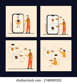 Conjunto de ilustraciones vectoriales con concepto de conferencia en línea. Grandes grupos de personajes de negocios conversando en línea con compañeros de trabajo.