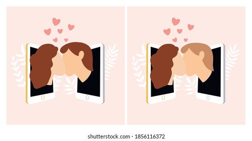 Un conjunto de ilustraciones vectoriales de personajes de citas en línea, amor virtual romántico de una pareja a través de un smartphone, el concepto de relaciones virtuales en cuarentena y autoaislamiento.