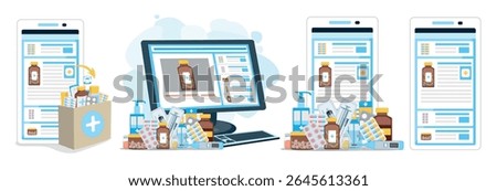 Set of vector illustrations of online pharmacy on white background. Health and medicine. Ordering medicines via application on smartphone, tablet or computer. Home delivery of medicines.