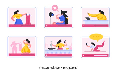 Set of vector illustrations with online videos shot by diverse women for contemporary Internet vlogs in various spheres of modern human life. Flat cartoon people vector illustration