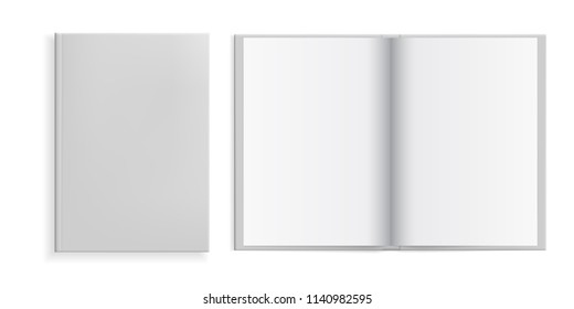 Set Of Vector Illustrations, Open And Closed Book In White Hardcover - Isolated On White Background