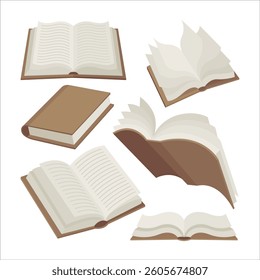 Set of vector illustrations of open and closed books isolated on white background. Perfect for education and reading concepts, icons, web, publishing, or library themes. Part of set.