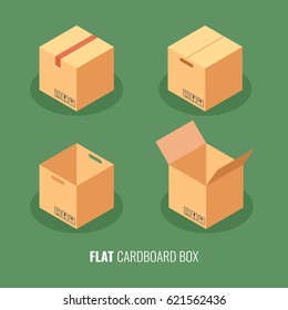 Set of vector illustrations of the opened, packed and closed flat cardboard boxes with lettering. Flat 3d vector illustration