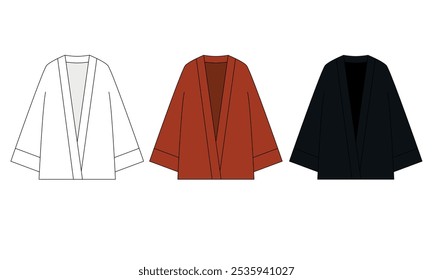 Set of vector illustrations of oversize shirt in red, white and black colors, vector. Collection of clothing for women in the form of lightweight cape for summer vacation by the sea, pool.