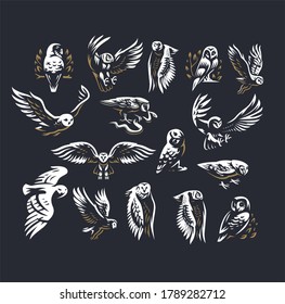 Set of vector illustrations. Owls in different poses, flying, sitting on branches.