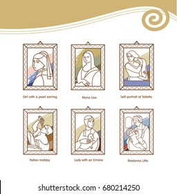 Set of vector illustrations of paintings by famous artists. Mona Lisa, the portrait Serebryakova, lady with an ermine, Italian afternoon, the Madonna Litta, the girl with a pearl earring