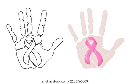 Set of vector illustrations Palm print with pink ribbon isolated on white background in casual style