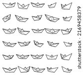 Set of vector illustrations of paper boat icons. Outline simple craft paper boat isolated on white background. Icon symbol of travel and sea.