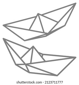 Set of vector illustrations of paper boat icons. Outline simple craft paper boat isolated on white background. Icon symbol of travel and sea.