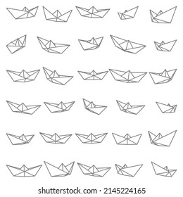 Conjunto de ilustraciones vectoriales de iconos de barcos de papel. Esbozar un simple barco de papel artesanal aislado en fondo blanco. Símbolo de icono de viaje y mar.
