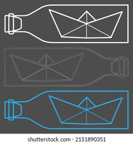 Set of vector illustrations of paper boat in bottle icons. Outline simple craft paper boat isolated on grey background. Icon symbol of travel and sea.