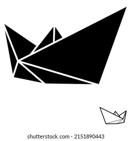 Set of vector illustrations of paper boat icons. Outline simple and silhouette craft paper boat isolated on white background. Icon symbol of travel and sea.