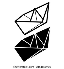 Set of vector illustrations of paper boat icons. Outline simple and silhouette craft paper boat isolated on white background. Icon symbol of travel and sea.