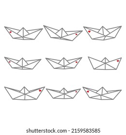 Set of vector illustrations of paper boat icons with tiny hearts. Outline simple craft paper boat isolated on white background. Icon symbol of travel and sea.
