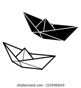 Set of vector illustrations of paper boat icons. Outline simple and silhouette craft paper boat isolated on white background. Icon symbol of travel and sea.