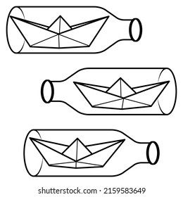 Set of vector illustrations of paper boat in bottle icons. Outline simple craft paper boat isolated on white background. Icon symbol of travel and sea.