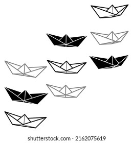Set of vector illustrations of paper boat icons. Outline simple and silhouette craft paper boat isolated on white background. Icon symbol of travel and sea.