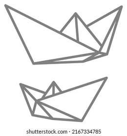 Set of vector illustrations of paper boat icons. Outline simple craft paper boat isolated on white background. Icon symbol of travel and sea.