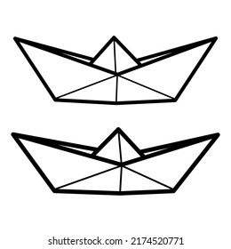 Set of vector illustrations of paper boat icons. Outline simple craft paper boat isolated on white background. Icon symbol of travel and sea.