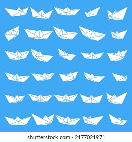 Set of vector illustrations of paper boat icons. Silhouette simple craft paper boat isolated on blue background. Icon symbol of travel and sea.