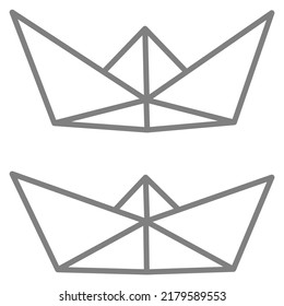 Set of vector illustrations of paper boat icons. Outline simple craft paper boat isolated on white background. Icon symbol of travel and sea.