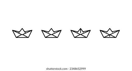 Set of vector illustrations of paper boat icons. Outline simple and silhouette craft paper boat isolated on white background. Icon symbol of travel and sea.