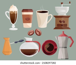 A set of vector illustrations with paper cups for coffee,a geyser coffee maker,a manual coffee grinder,Irish coffee,a cup of coffee, a coffee pot, a turk,coffee beans.