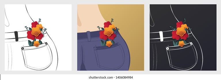 Set of vector illustrations with paper flowers. Jeans with bouquet of paper flowers in its pocket on the white, black and golden background. Can be used in postcards, posters, banners, flyers.