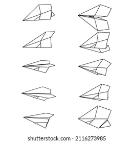 Set of vector illustrations of paper plane icons. Outline simple craft paper airplane isolated on white background. Icon symbol of travel and route.