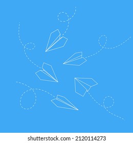 Set of vector illustrations of paper plane icons. Outline simple craft paper airplane isolated on blue background. Icon symbol of travel and route.