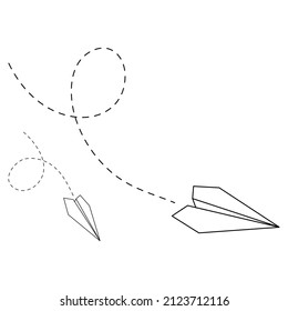 Set of vector illustrations of paper plane icons. Outline simple craft paper airplane isolated on white background. Icon symbol of travel and route.