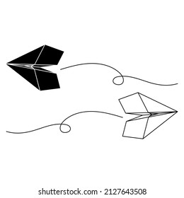 Set of vector illustrations of paper plane icons. Outline simple, silhouette craft paper airplane isolated on white background. Icon symbol of travel and route.