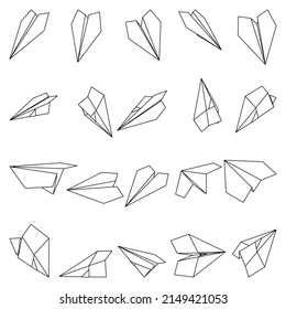 Set of vector illustrations of paper plane icons. Outline simple craft paper airplane isolated on white background. Icon symbol of travel and route.