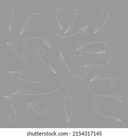 Set of vector illustrations of paper plane icons. Outline simple craft paper airplane isolated on grey background. Icon symbol of travel and route.