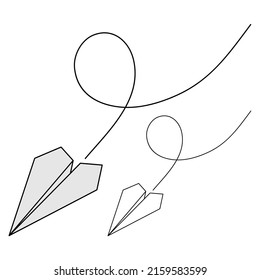 Set of vector illustrations of paper plane icons. Outline simple and color craft paper airplane isolated on white background. Icon symbol of travel and route.